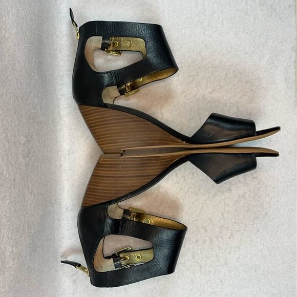 SAM EDELMAN Suzanna Leather Peep Toe Wedge Sandal Sz 8 Double Buckle Straps - Picture 4 of 13